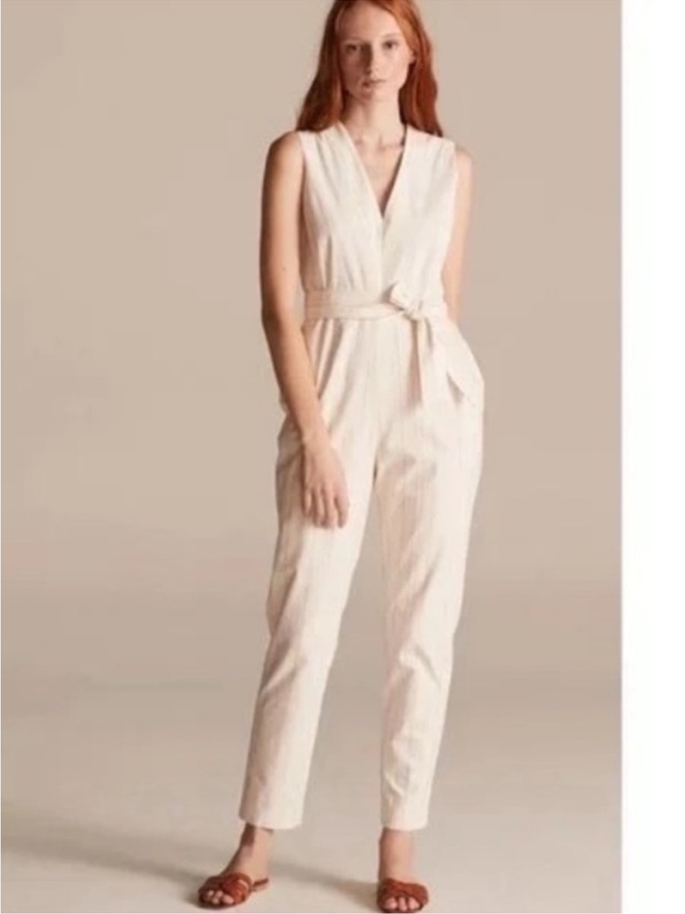 Rebecca Taylor Cream Sleeveless Wrap Pinstripe Jumpsuit with Waist Tie Sz 6